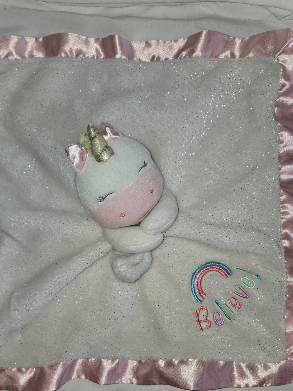 Baby Starters Pink and Cream Unicorn Lovey with Satin Trim